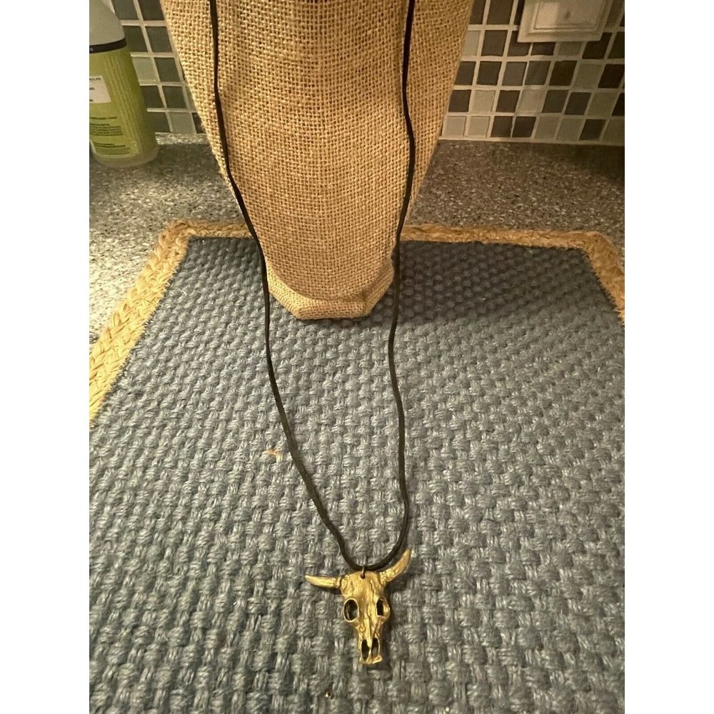 Farrah B Gold Tone Necklace Black strand skull pendant long 34" NWOT